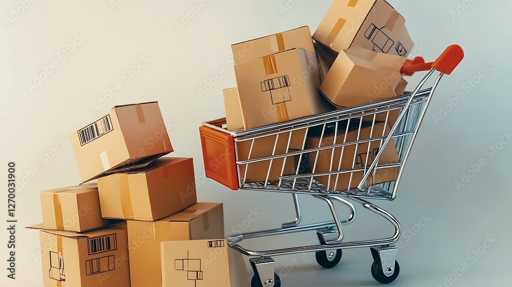 Poster shopping cart filled with cardboard boxes ready for delivery in a modern store : generative ai