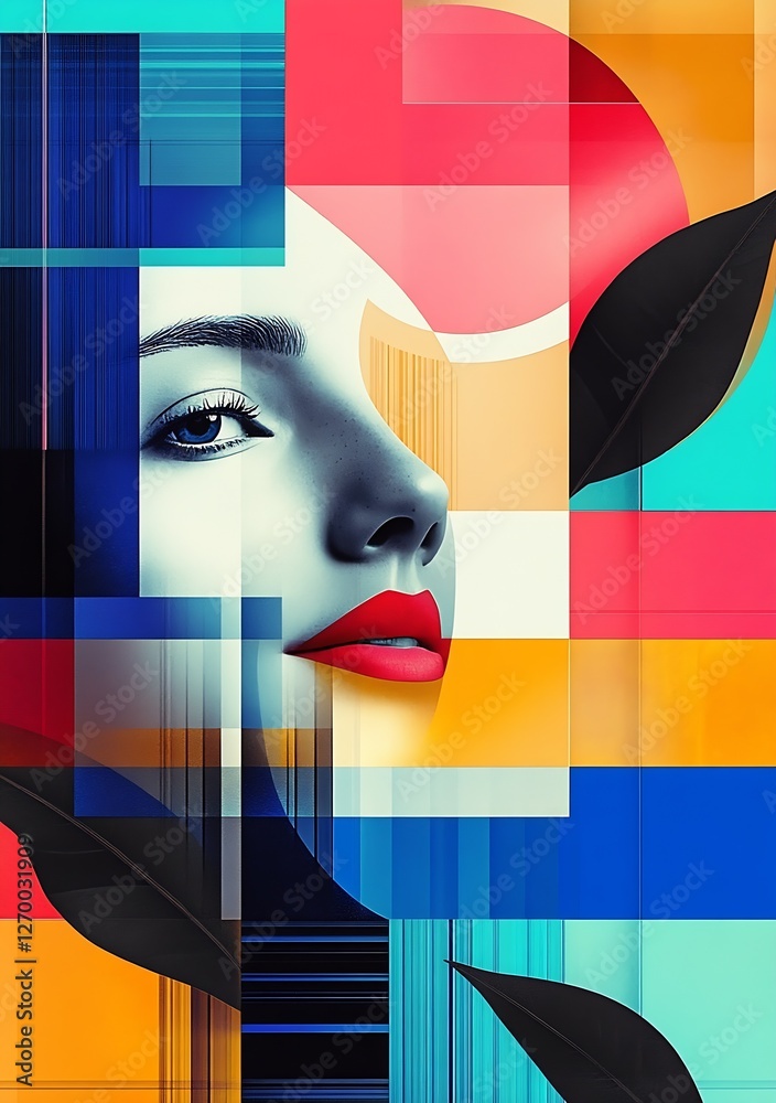 Aufkleber vibrant abstract portrait showcasing artistic layers with red lips and striking geometric shapes : g