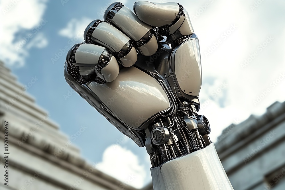 Poster impressive robotic hand raising a fist against a dramatic background representing power and technolo