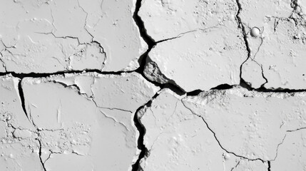 Cracked white wall texture with uneven surface and deep fissures, showcasing weathered appearance and intricate patterns