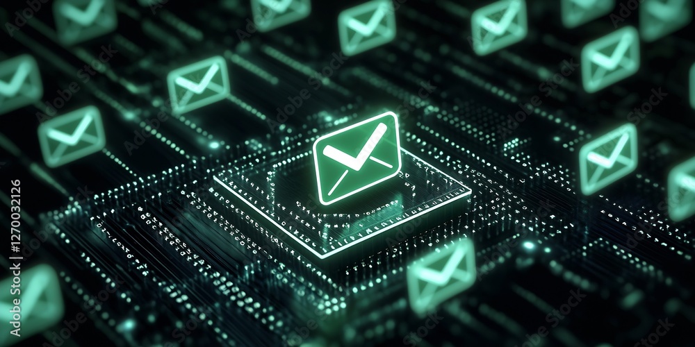 Poster Glowing green email icon surrounded by circuitry illustrating digital communication technology : Generative AI