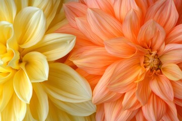 Obraz premium Close-up view of two Dahlias, one pale yellow and one peachy orange, showcasing the intricate details of their petals.