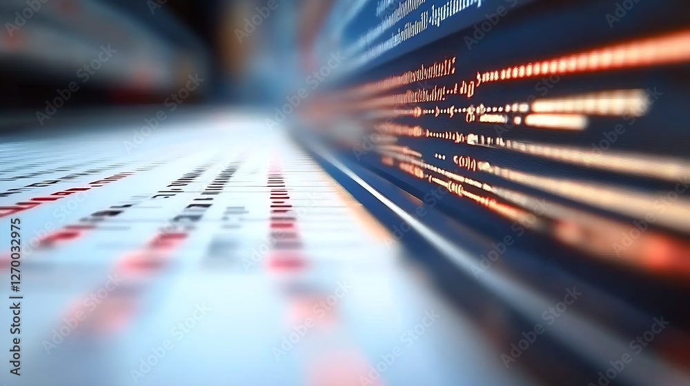 Fototapete Close-up of a data screen with motion effects illustrating dynamic programming and digital flow in technology : Generative AI