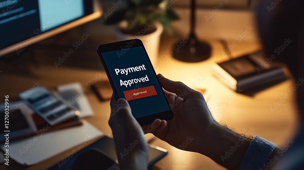 Poster Close up of a smartphone displaying an approved payment message in a cozy workspace : Generative AI