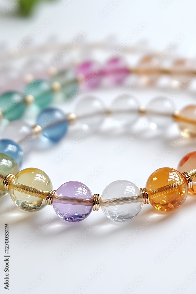 Poster Close-up view of colorful beads intertwined on a white backdrop showcasing craftsmanship : Generative AI