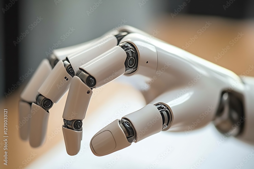 Fototapete Close-up of a robotic hand demonstrating intricate mechanical details and articulation in a modern setting : Generative AI