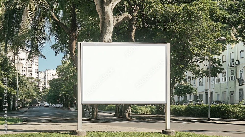 Aufkleber lonely billboard waiting for creative advertisements with a serene city backdrop and green trees : g