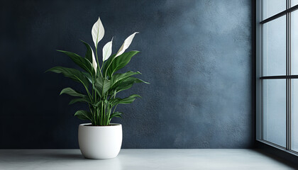 Elegant peace lily in modern pot against dark blue wall in sunlit room