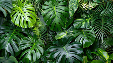 Lush green tropical leaves create vibrant and serene backdrop, showcasing various textures and shapes. This natural arrangement evokes sense of tranquility and freshness