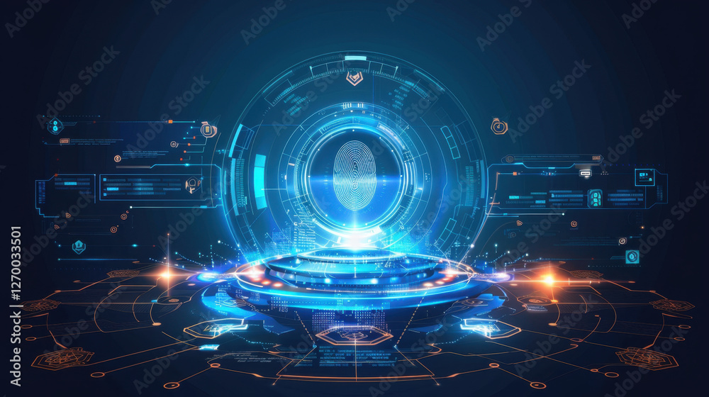 Poster futuristic digital interface with glowing elements and data visualization, showcasing technology and