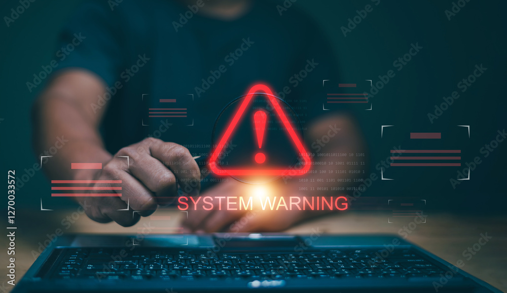 Poster Cyber security concept, Man holding magnifying glass with caution warning sign for notification error maintenance and virus detected, Ransomware, Spyware, Hacker attacks. Detection dangerous worms.