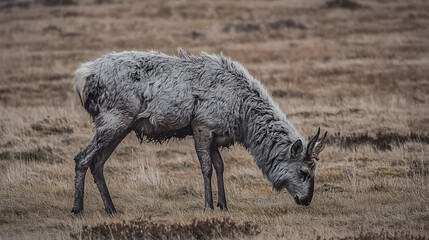 Fototapeta premium Grey deer grazing in highland pasture, autumnal landscape, wildlife conservation