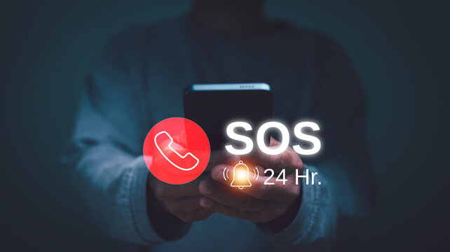 Emergency signal requesting help call concept. Human use SOS emergency app on mobile phone and call for help. Emergency application from smartphone for elderly, 24 hour support line.