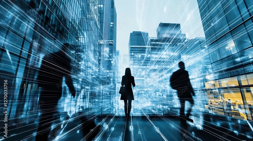 Poster Silhouette of a person surrounded by an energetic burst of digital data representing technology and innovation : Generative AI