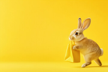 Running Rabbit Holding Bag on Yellow Background