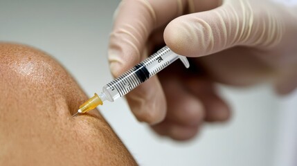 In a clinical setting, a gloved hand gently administers a vaccine, symbolizing care, precision, and the importance of healthcare in protecting lives.