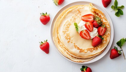 Delicate crepes with creamy ricotta cheese and fresh strawberries in a sweet and irresistible combination. Delicious crepes, thin pancakes with strawberries.