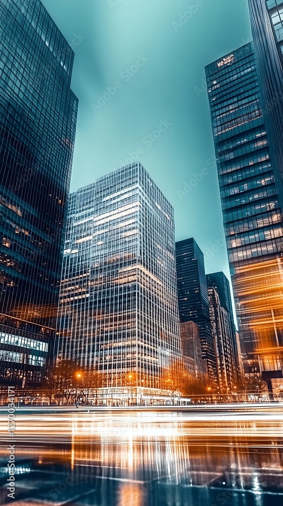 Poster Dynamic urban skyline with colorful light trails highlighting busy streets and reflective surfaces at night : Generative AI