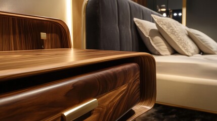 Fototapeta premium Elegant Bedroom Interior: Focus on Modern Wooden Nightstand Design