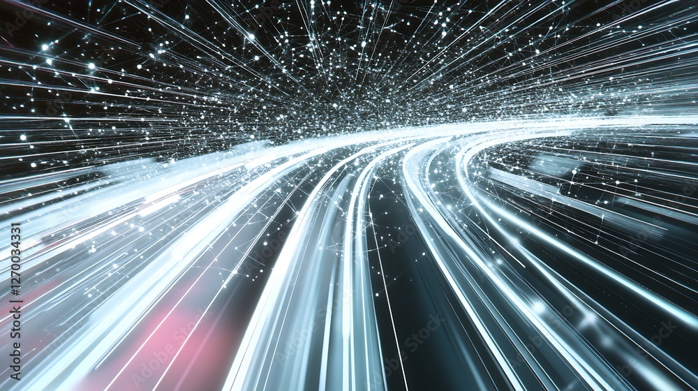 Poster dynamic light trails creating a sense of speed and motion through a dark space with glowing particle