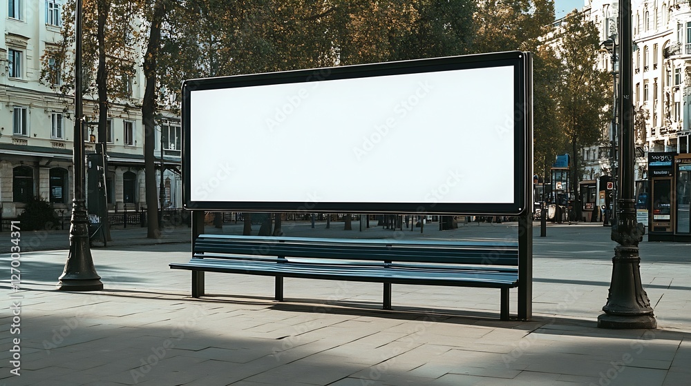 Poster empty city bus stop with blank advertisement board on a sunny day in a vibrant urban environment : g