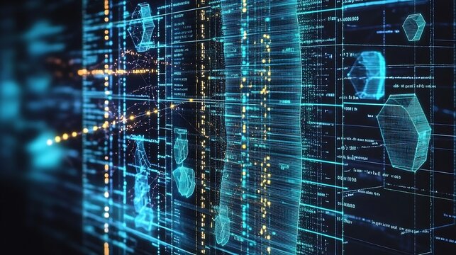 Abstract futuristic data visualization with glowing blue lines and geometric shapes on dark background : Generative AI