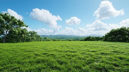 Obraz premium Sunny meadow, rolling hills, blue sky, tranquil landscape, nature scene