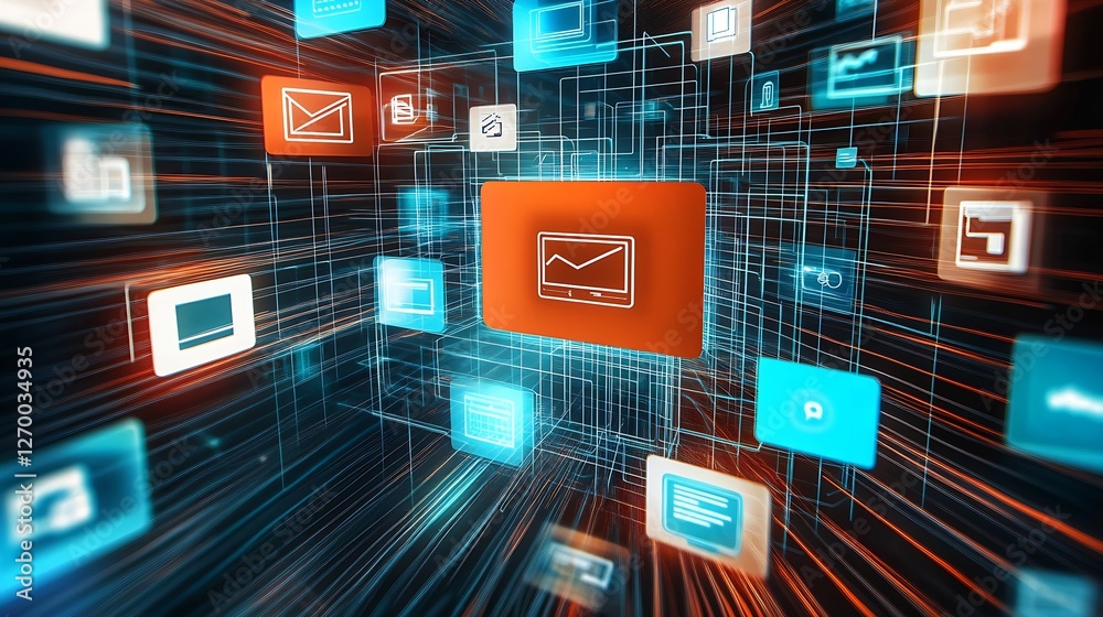 Poster engaging visual of a vibrant data network with prominent orange icon amidst glowing blue digital ele
