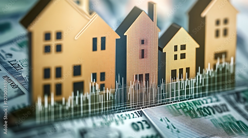Poster dynamic representation of houses with financial data illustrating real estate market performance : g