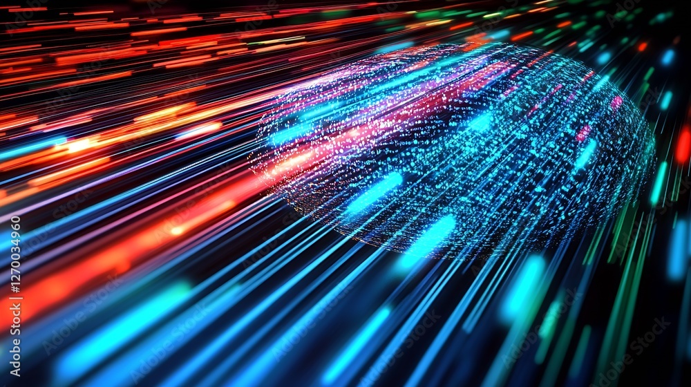 Poster Futuristic dynamic representation of data particles in motion showcasing modern digital innovations : Generative AI