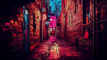 Artistic alleyway bursting with color and illuminated by vibrant nightlife lights : Generative AI