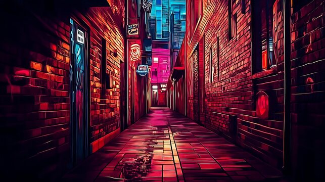 Artistic alleyway bursting with color and illuminated by vibrant nightlife lights : Generative AI