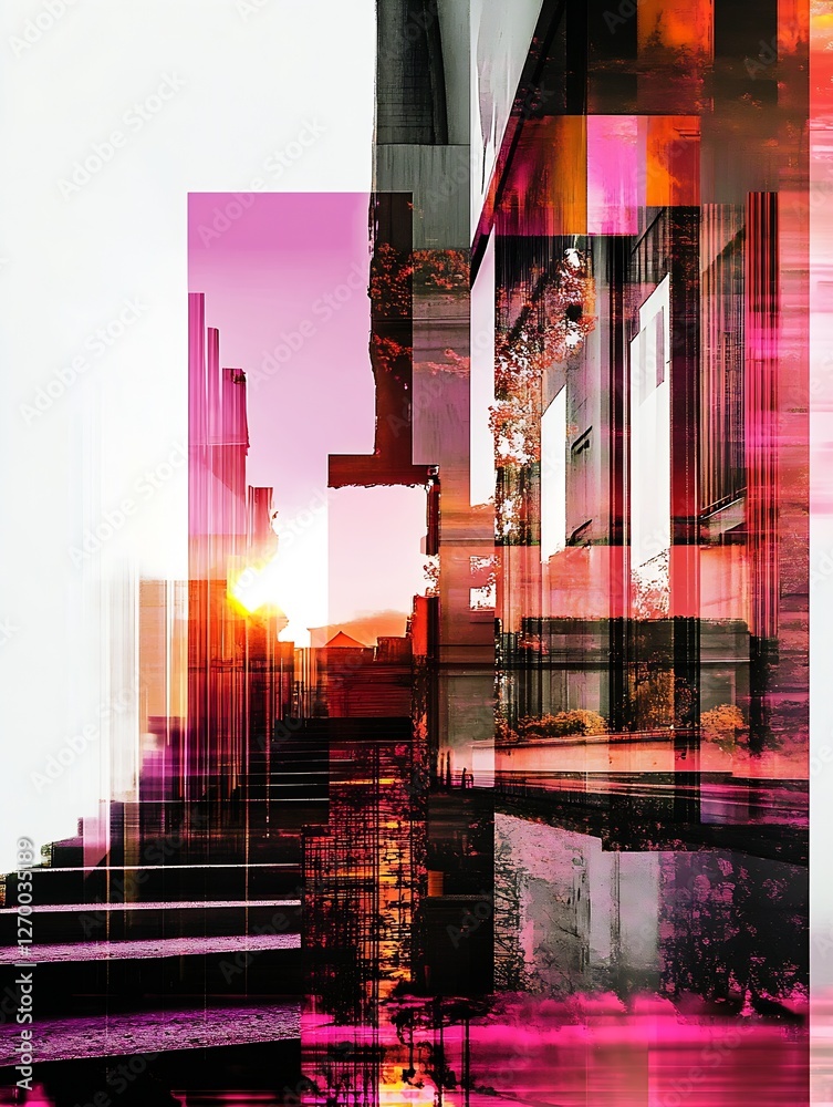 Poster ethereal streetscape featuring urban sunsets bathed in abstract color splashes : generative ai
