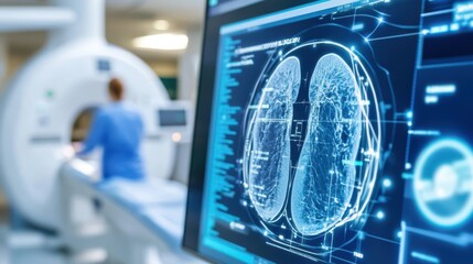 A hi-tech medical office with advanced diagnostic imaging; a professional analyzes detailed radiological brain scans on a digital display for precise diagnostics.