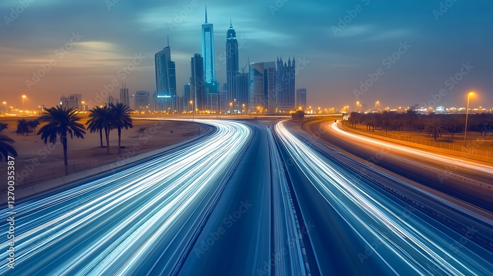 Poster stunning evening skyline capturing light trails of traffic against urban backdrop with palm trees : 