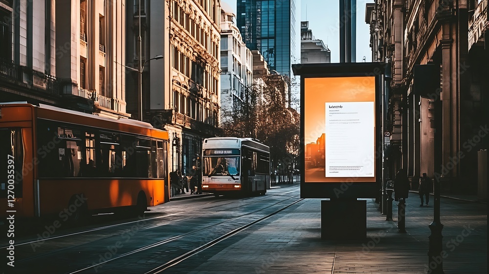 Aufkleber Dynamic Urban Setting with Advertised Bus and Traffic in Evening Light : Generative AI