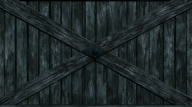 Rustic dark wood barn door, crossed beams, weathered texture, rural setting, design element