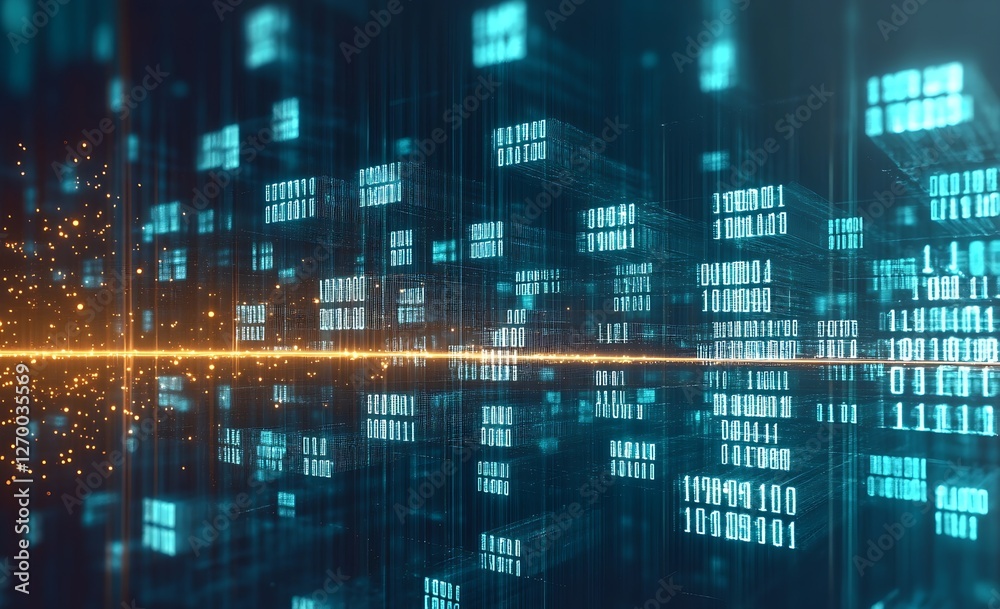 Poster Futuristic digital scene showcasing a glowing matrix of binary code and information : Generative AI
