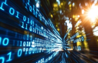 Dynamic visual of flowing binary code streams creating a futuristic digital landscape : Generative AI