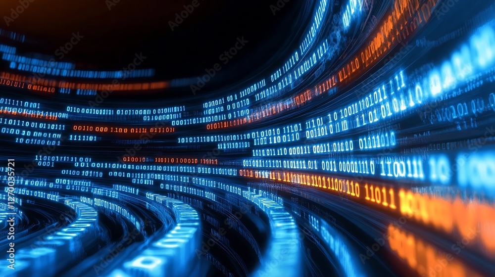 Aufkleber Abstract digital landscape with flowing binary data creating a mesmerizing wave of technology : Generative AI
