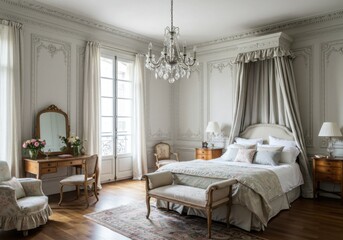 Elegant Parisian Bedroom with Classic Moldings and Soft Pastels