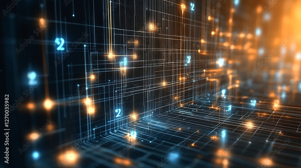 Fototapete Glowing abstract lines and numbers representing intricate digital processes and data : Generative AI
