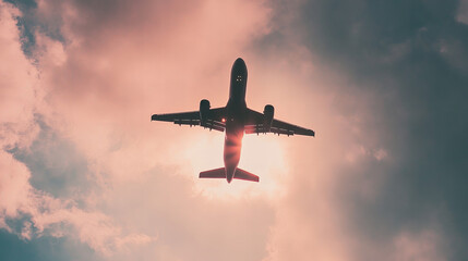 Airplane soaring above pink and orange clouds during sunrise, symbolizing travel, aviation, and adventure with a scenic aerial view, perfect for tourism, business trips, and wanderlust themes

