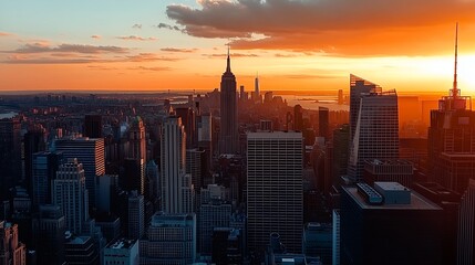 Fototapeta premium Golden hour over New York City skyline highlighting iconic structures against vibrant sunset : Generative AI