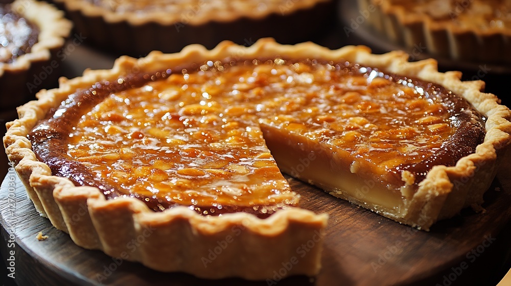 Poster gourmet caramel custard tart with a crunchy crust and a smooth rich filling on a wooden table : gene