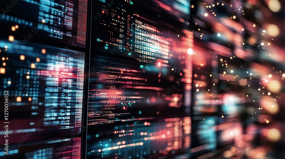 Poster Abstract data visualization with vibrant colors and glowing elements on a digital wall display : Generative AI
