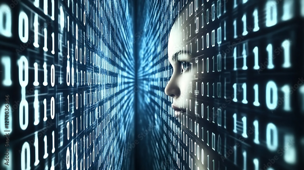 Poster Intricate digital environment showcasing a human-like figure amidst flowing binary data streams : Generative AI