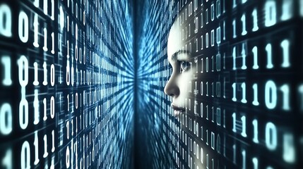 Intricate digital environment showcasing a human-like figure amidst flowing binary data streams : Generative AI