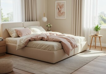 Cozy Pastel Bedroom with Soft Natural Light and Airy Atmosphere