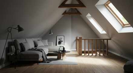 Attic Grey Living Room with Cozy Sofa and Modern Interior
